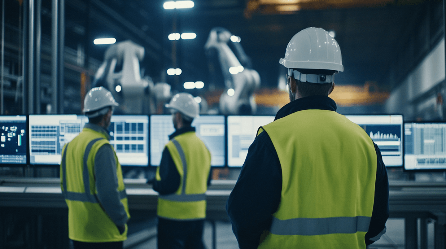 Industrial engineers safety vests monitoring automated factory robots