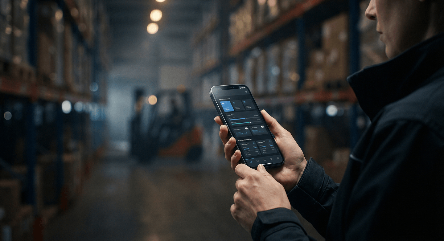 Logistics worker using inventory management app dark warehouse